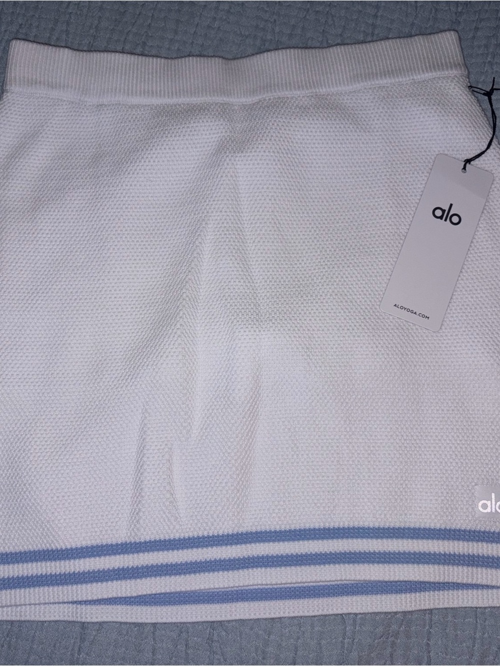 ALO Yoga White Mini Skirt with Light Blue Stripes